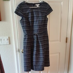 Liz Claiborne Navy and White Tweed Midi Dress with Belt